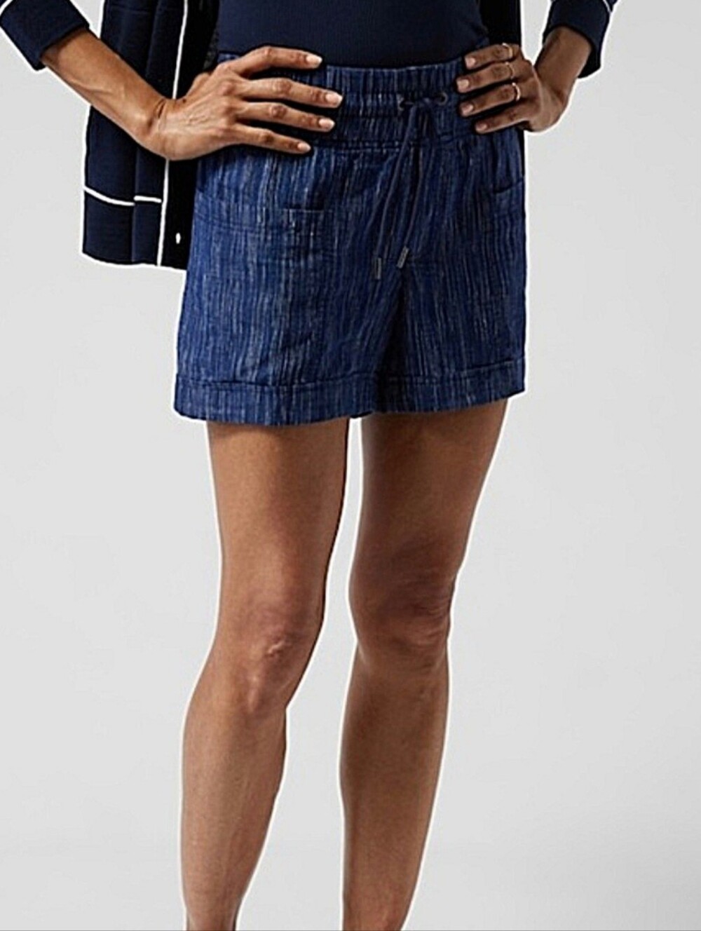 Athleta "Cabo Linen Textured" Striped Shorts Blue 100% Linen | Women's Size 2 - Picture 2 of 9